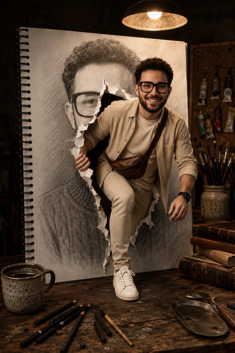 Man steps out of torn sketchbook into a moody workshop scene