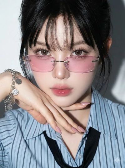 Young woman in rimless pink glasses poses with confident soft gaze
