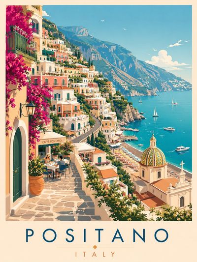 Pastel cliffside buildings cascade toward sparkling turquoise sea under sun
