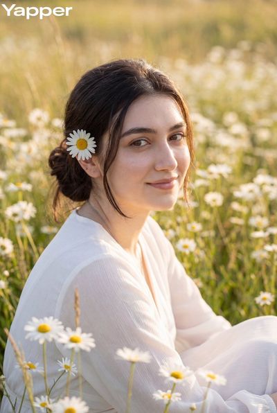 Golden Hour Serenity: A Portrait in a Daisied Meadow
