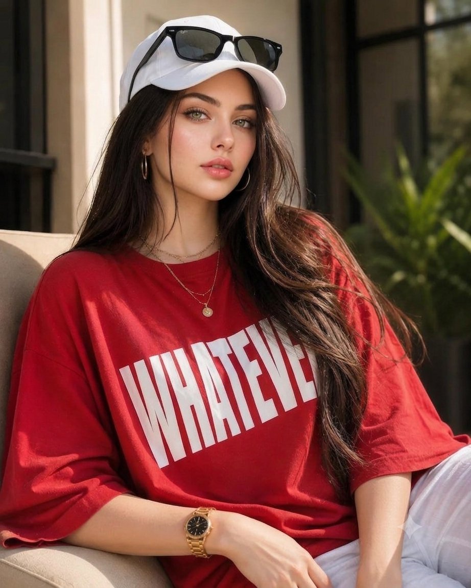 Young model wears red tee with white caption in editorial portrait