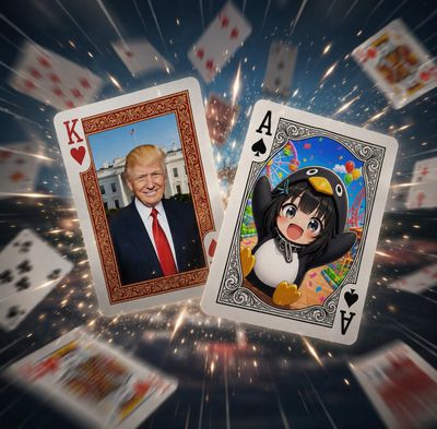 Two oversized cards fly through a magical casino portal