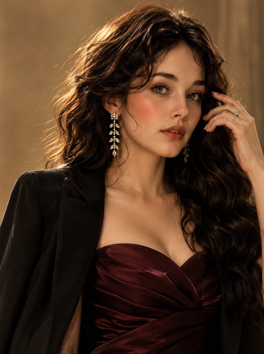 Elegant woman in burgundy satin dress with confident gaze