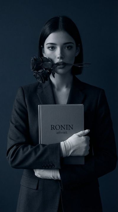 Elegant Contrast: Ronin Artwork in Dark Red and Roses