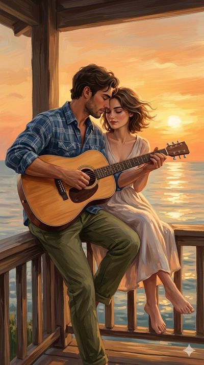 A couple shares a tender guitar moment on a sunset porch