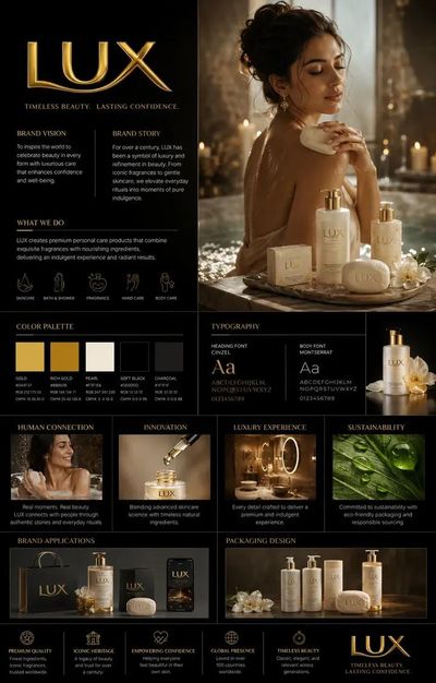 A luxury brand guidelines poster showcases elegant corporate design.