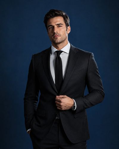 European man in charcoal suit poses against deep blue studio backdrop