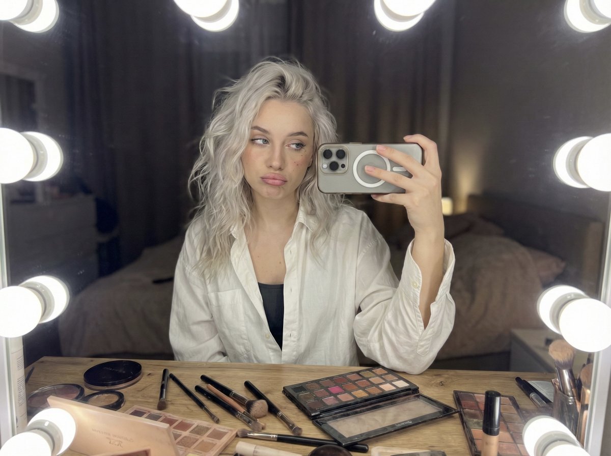 Mid-Makeup Glam Chaos in Soft Vanity Light