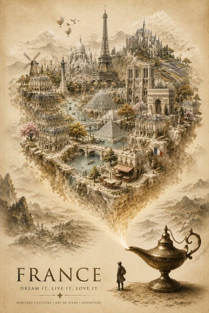An antique brass lamp conjures a floating France in smoke