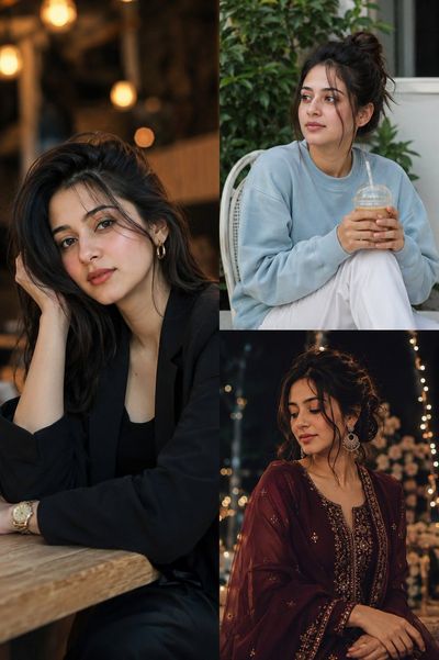 South Asian woman in three intimate cafe and garden portraits
