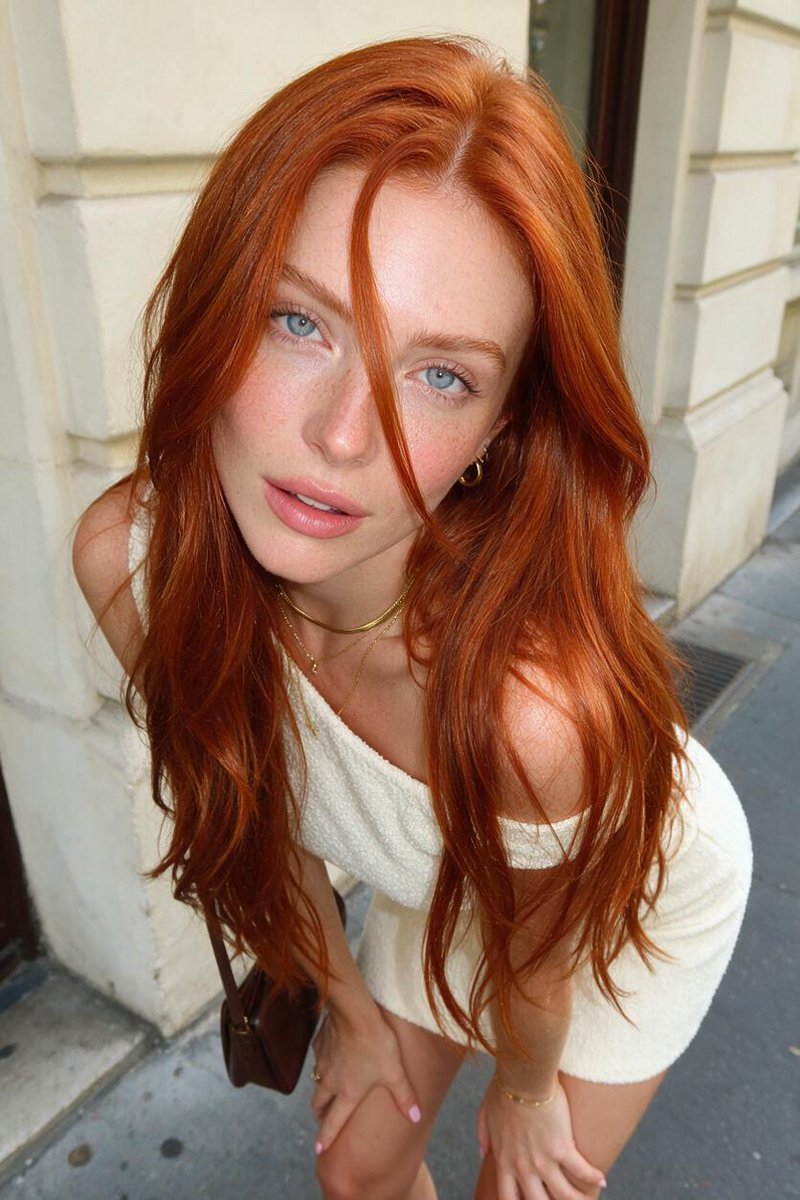 Copper-haired woman gazes upward in high-angle street portrait