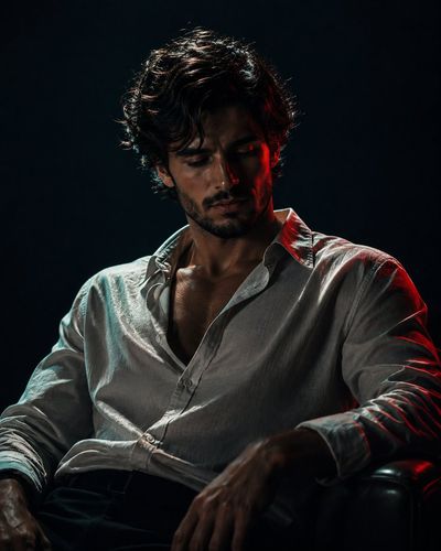 A quiet character sits in dark studio under soft spotlight