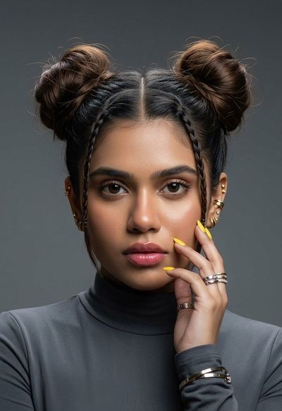 Woman with double buns touches her face in soft light