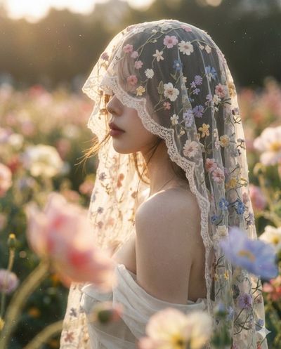 A forgotten bride floats through golden haze in floral veil