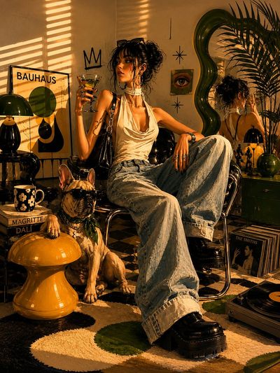 Confident woman with sunglasses poses beside fashionable bulldog in retro lounge