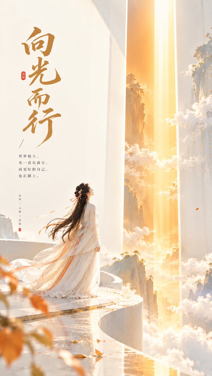Elegant Lady Stands at Edge of Ivory Platform Facing Amber Light