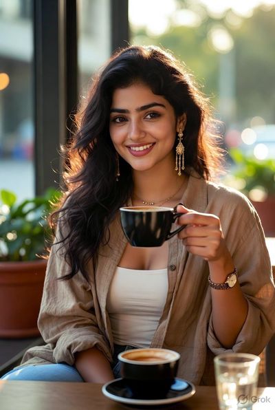 Indian woman smiles over cappuccino at sunlit outdoor cafe