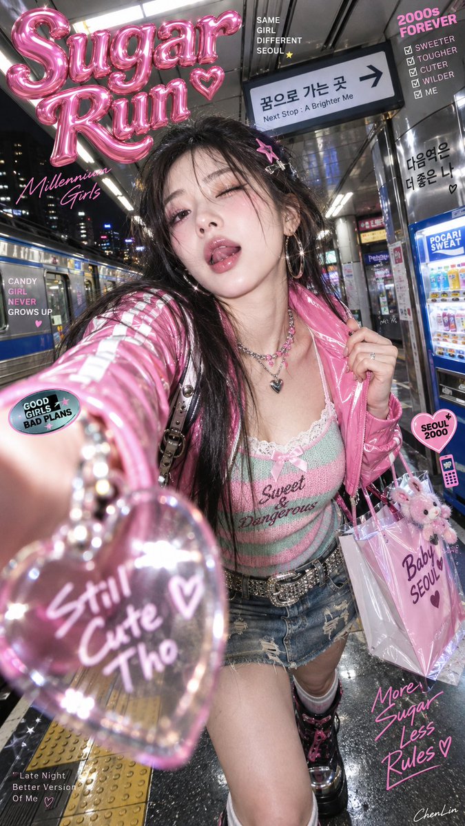 Y2K Candy Girl Poses in Neon Urban Flash Portrait