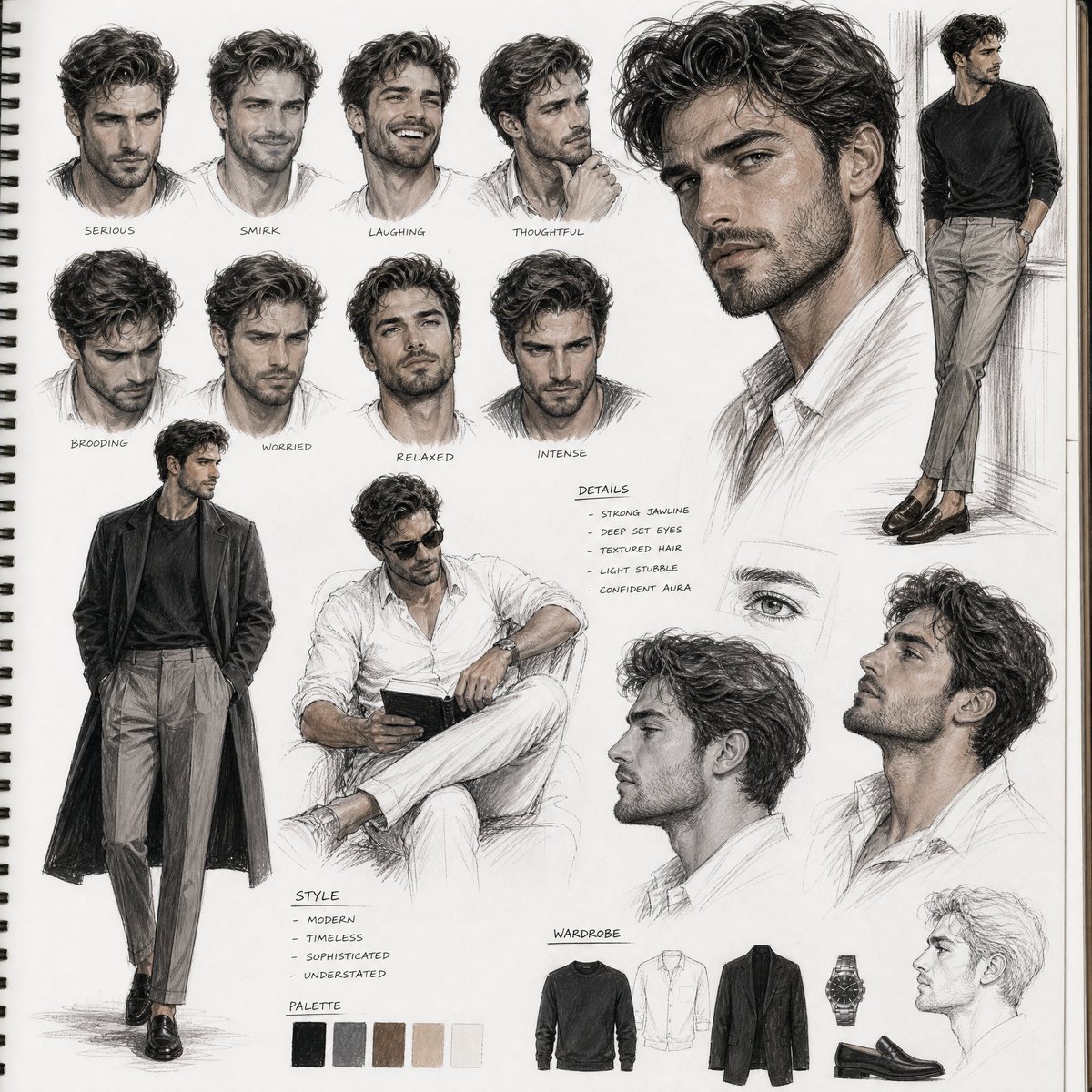 Contemporary man's emotional portraits arranged on a bright white page.