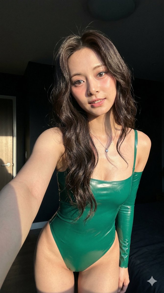 Tzuyu’s Golden Hour Allure in Emerald Latex