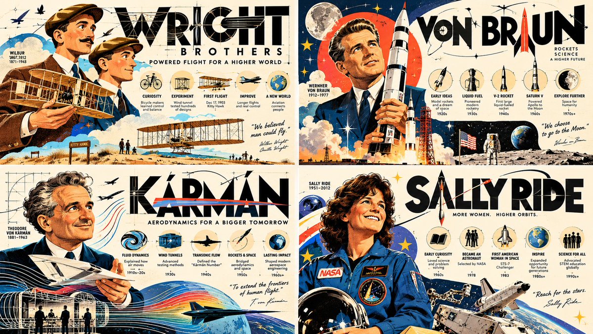 Retro paper-cut aerospace engineers arranged in a four-panel grid