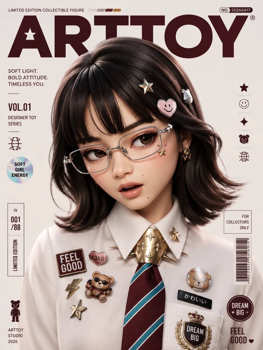 A designer toy portrait with glossy finish and bold typography.