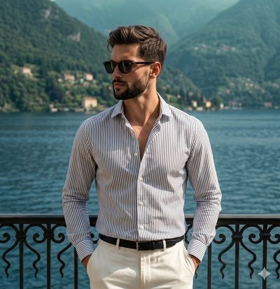 Modern Classic Portrait Against Riviera’s Lake and Mountain Backdrop