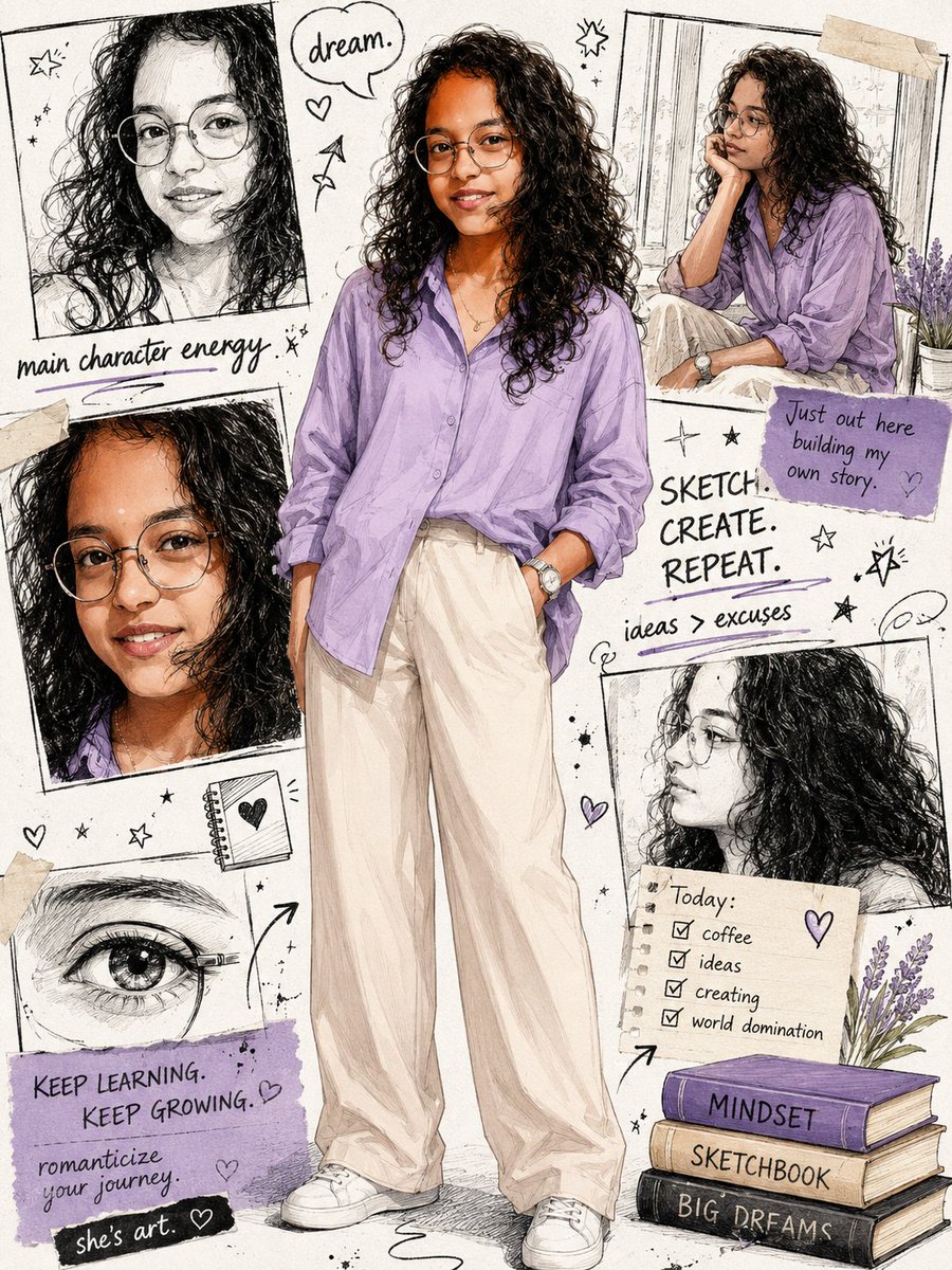A woman in lavender stands confidently on a sketchbook page