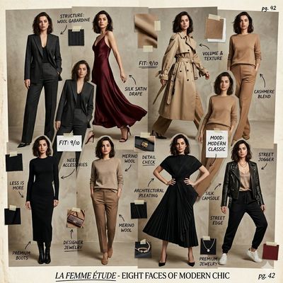 Eight unique couture looks showcase one model in a luxury collage