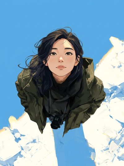 Woman in puffer jacket gazes up from frozen turquoise ice