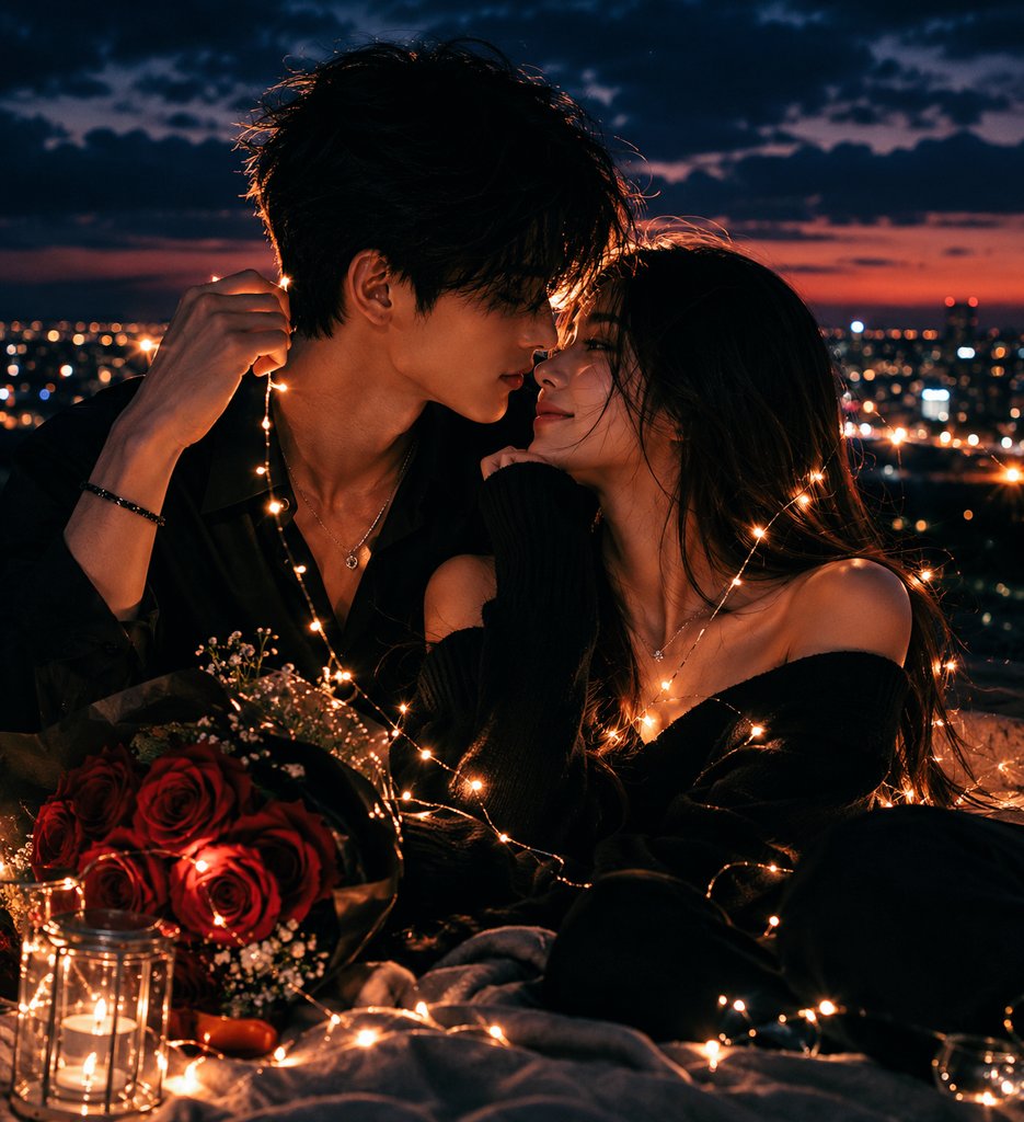 A young couple shares an umbrella under glowing moonlit rain