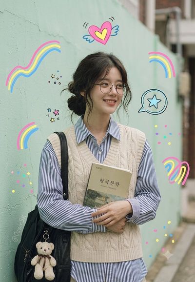 Korean girl with messy bun smiles beside mint wall doodles