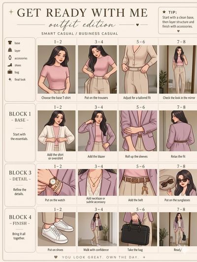 A woman in pastel pink outfits poses in a clean infographic style