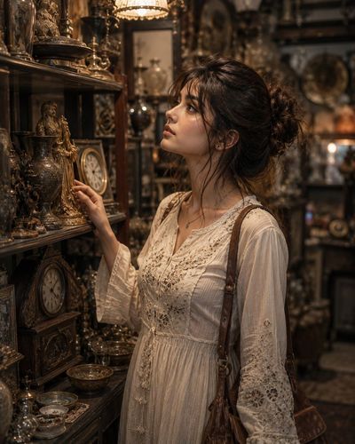 Young woman in a vintage shop reaches for a golden statue