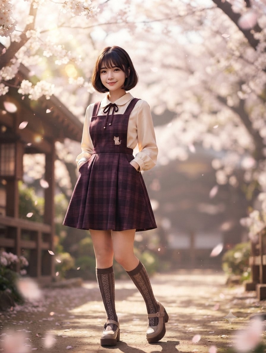 Smiling Girl in Plaid Dress Walks Through Falling Cherry Blossoms
