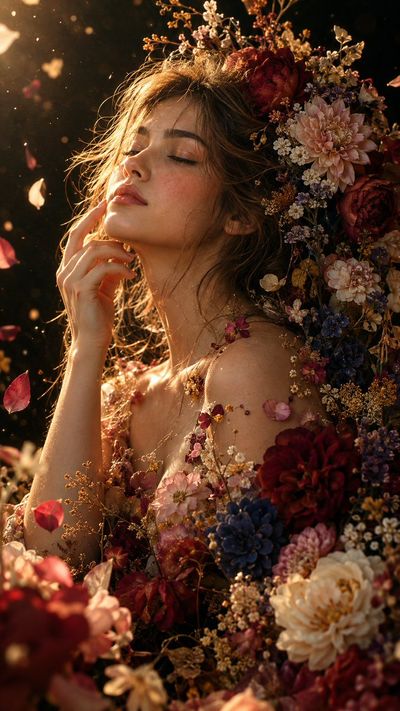 Golden Light Cradles a Woman in a Floral Dream
