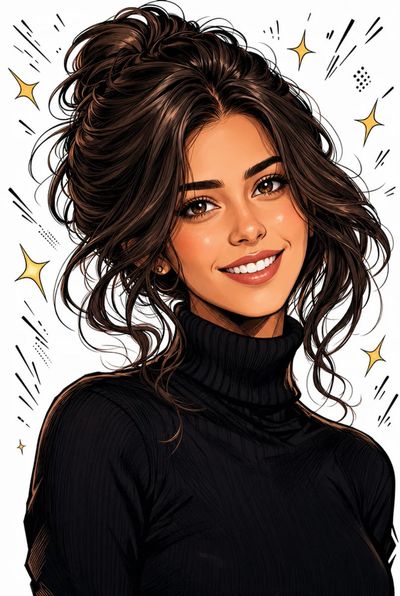 Young woman with windswept updo flashes a confident playful smile