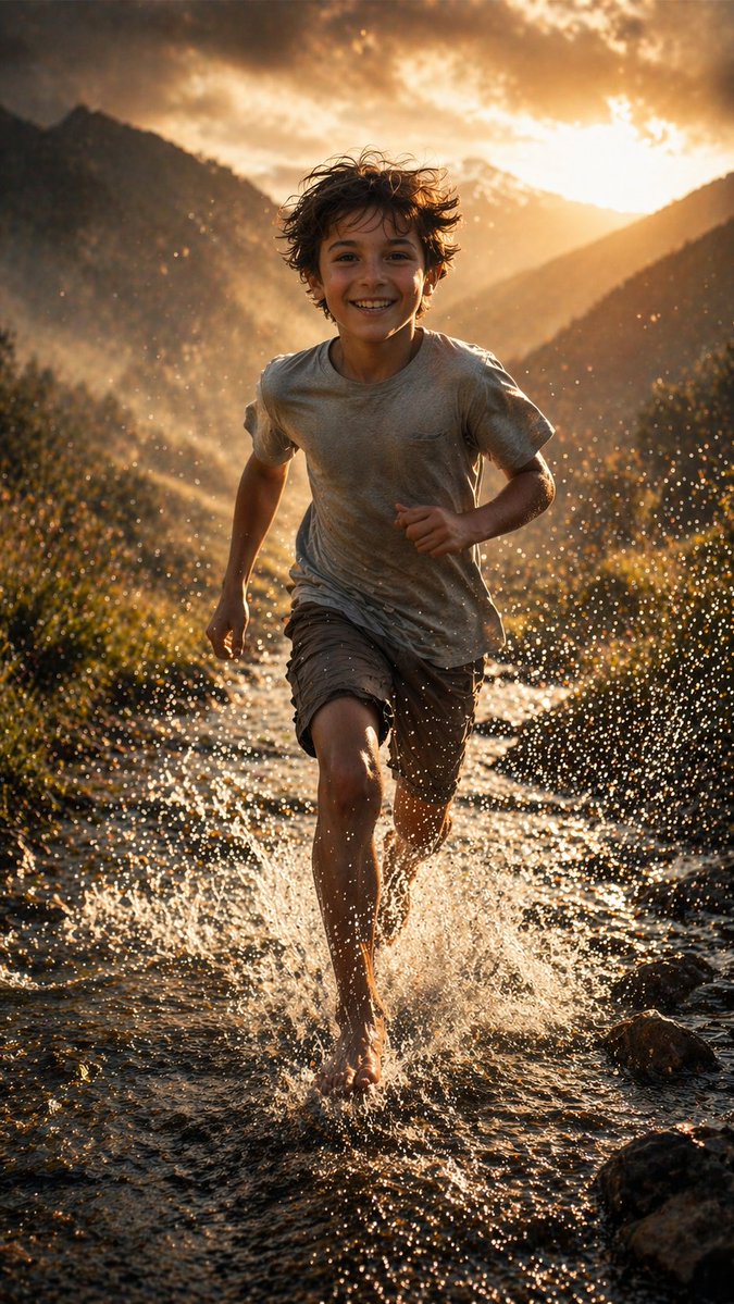 Golden Hour Chase: Barefoot Run Through Mountain Stream