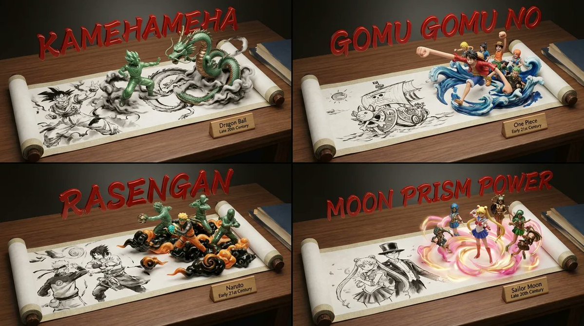 Manga heroes leap from ancient scroll in a museum diorama