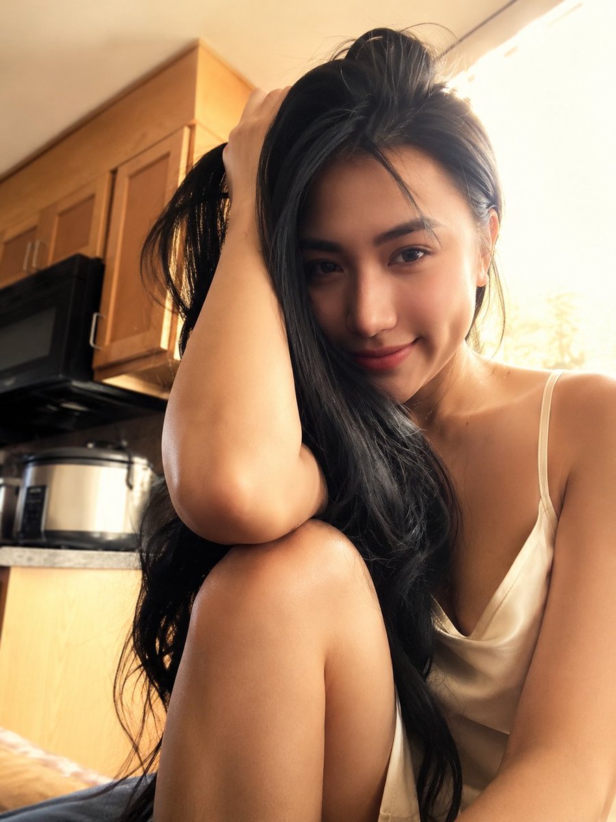 East Asian woman with silky black hair smiles in golden sunlight