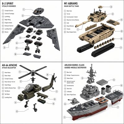 LEGO Breakdown of War Machines in Isometric Style