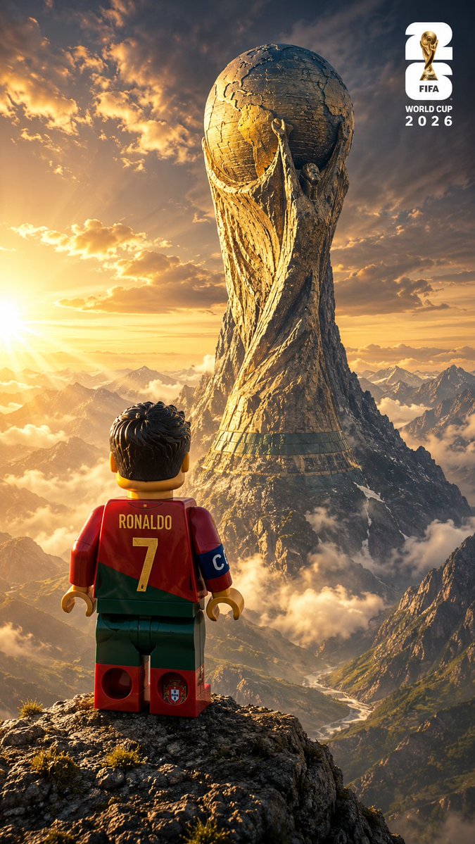 A lone LEGO footballer faces a trophy-shaped mountain at dawn.