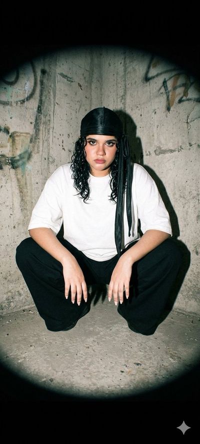 A woman in a durag poses defiantly in a concrete room.