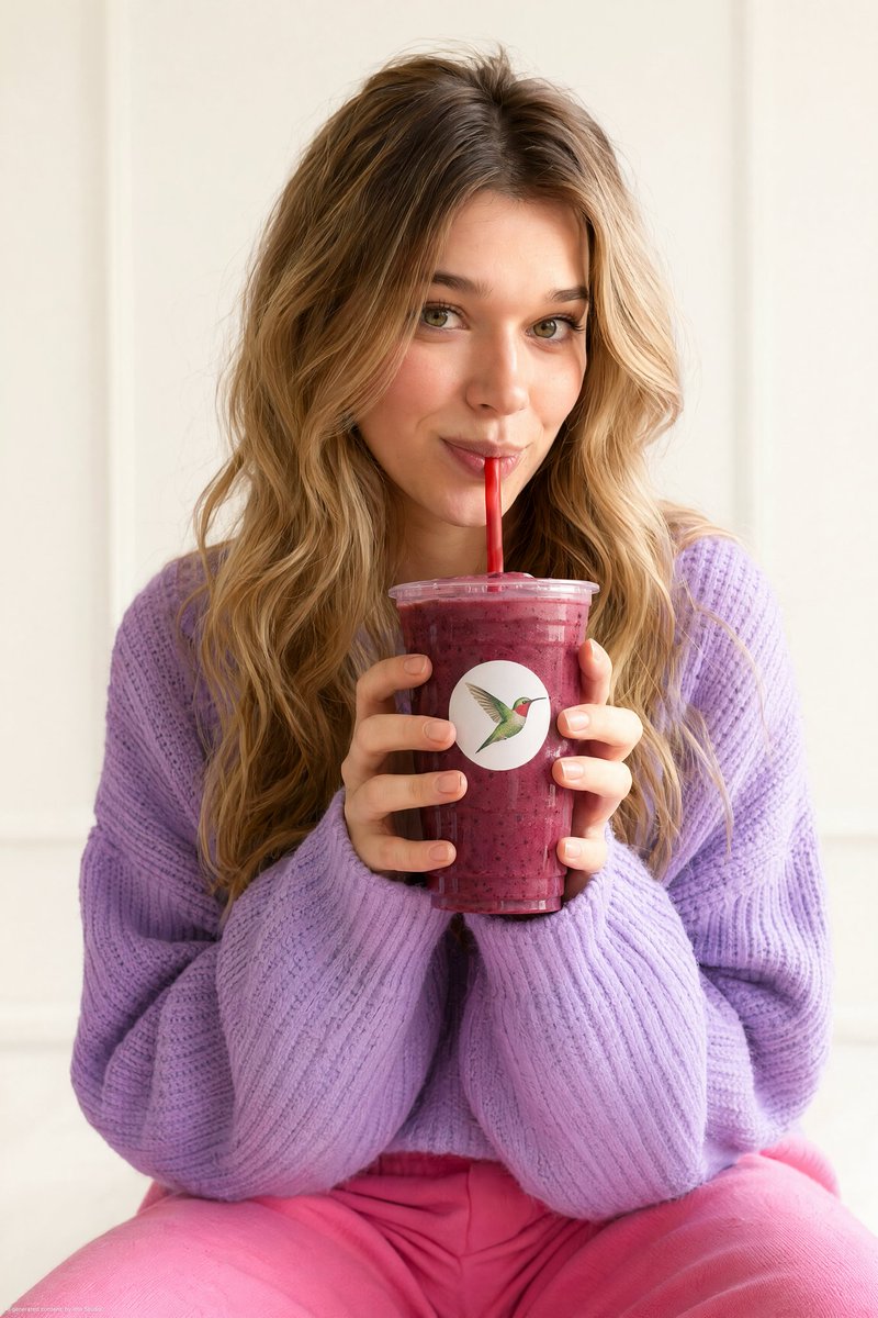 A young woman with blonde hair sips a berry smoothie playfully.