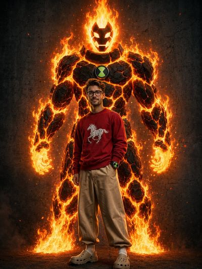 A stylish man faces a towering fiery Heatblast from Ben 10