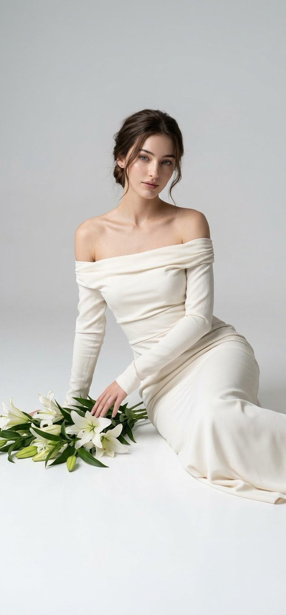 Elegant Bride in Ivory Gown Seated Gracefully on White Studio Floor