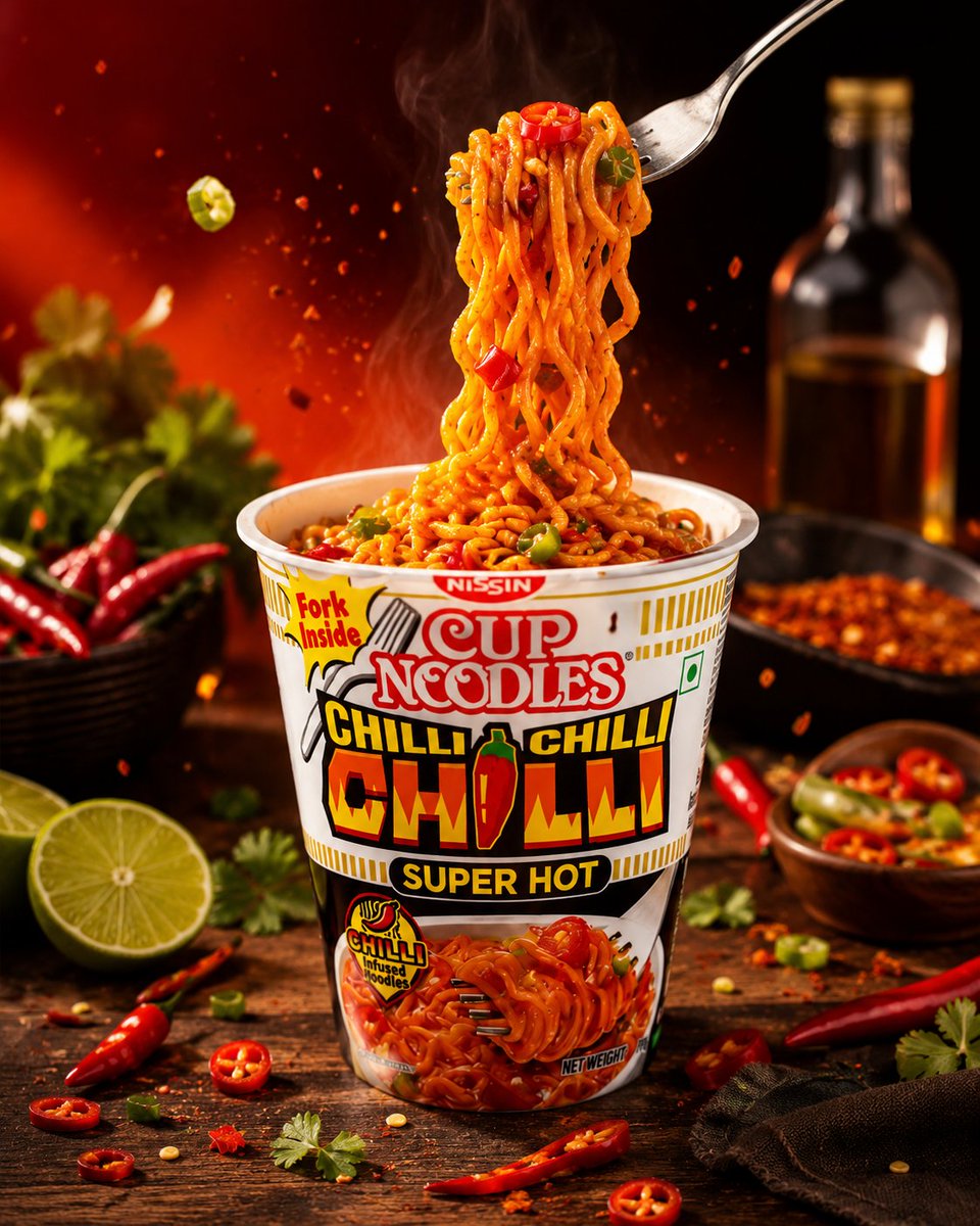 Glossy spicy noodles lift from cup with chili flakes flying