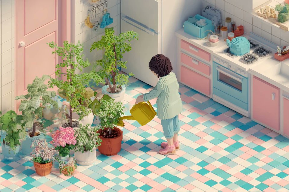 Playful Voxel World in Pastel Hues