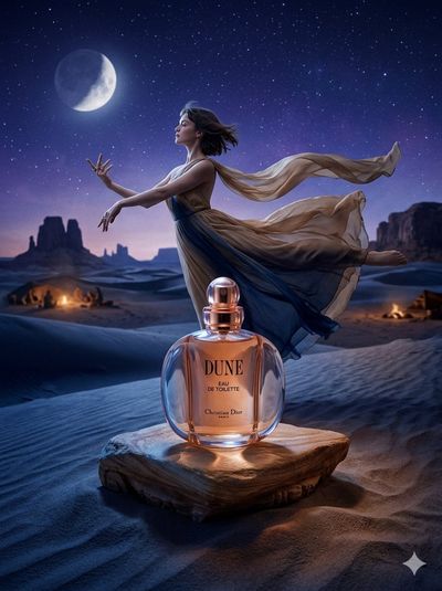 Dune perfume bottle glows amber on sandstone under starry night sky.