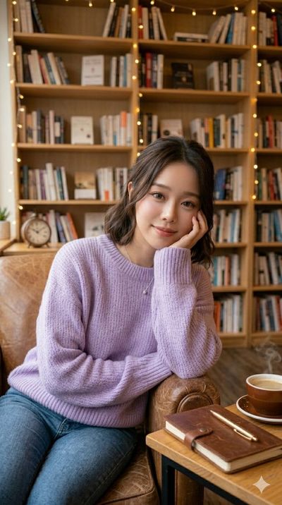 A woman in a lavender sweater reads in a warm bookstore café